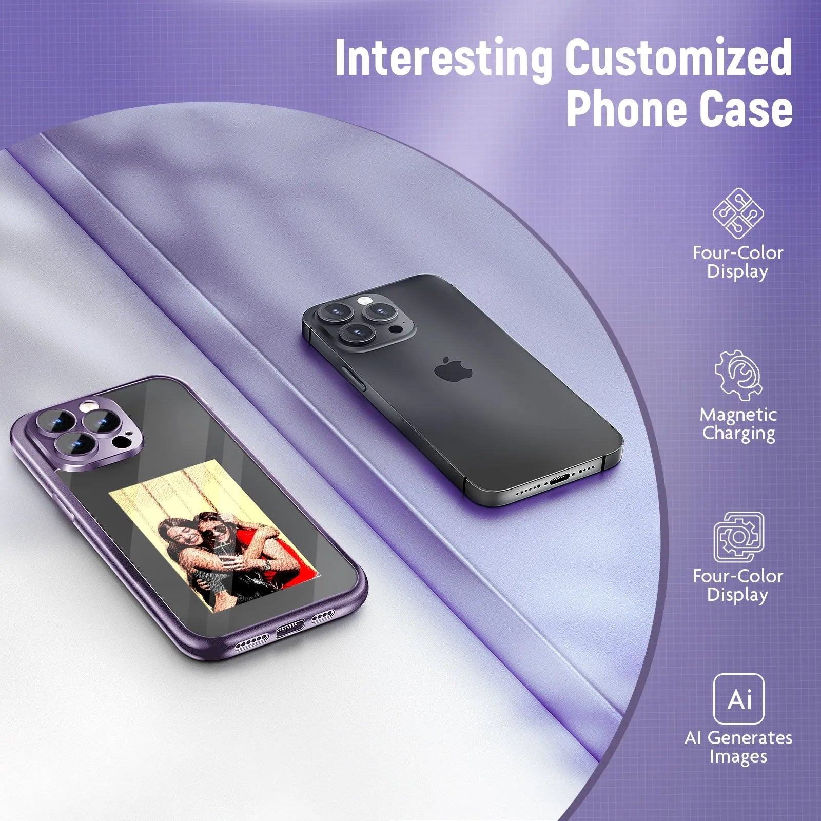 Black and Purple iPhone 15 Pro Max flip case with a customisable NFC ink screen on the front.