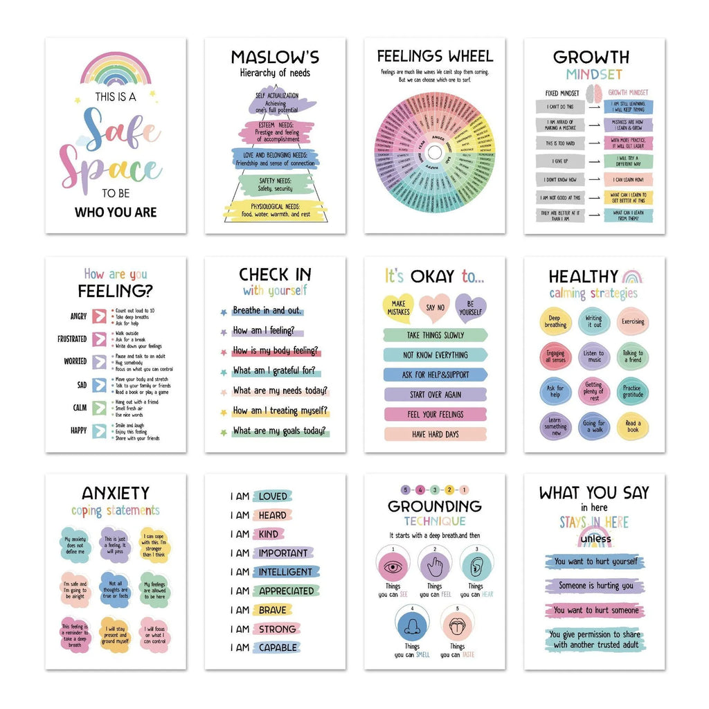 Set of 12 mental health posters with bright film finish, each 255x355mm, on a white background with 60 glue dots