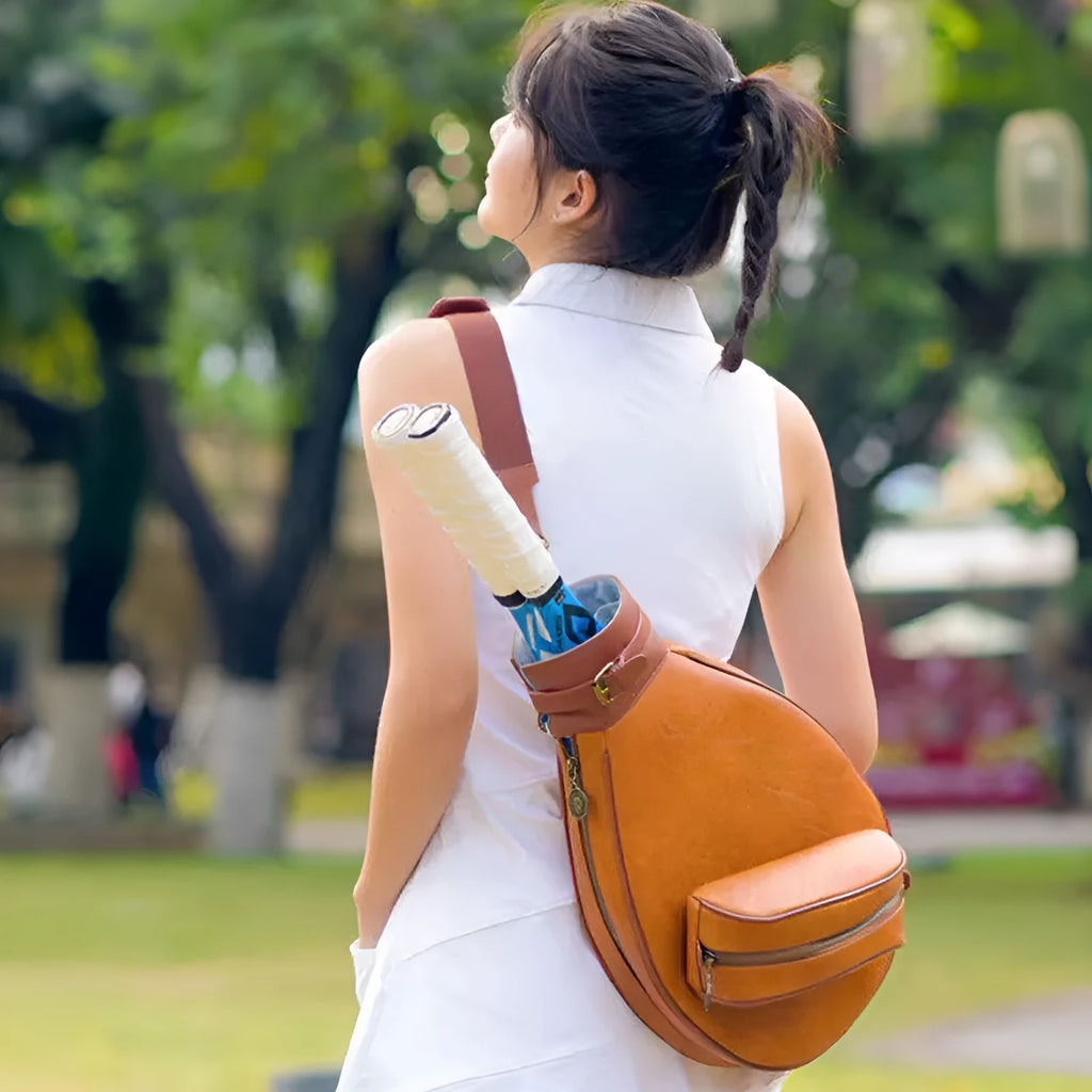 Women's retro style leather one-shoulder badminton bag shown in multiple colour options.
