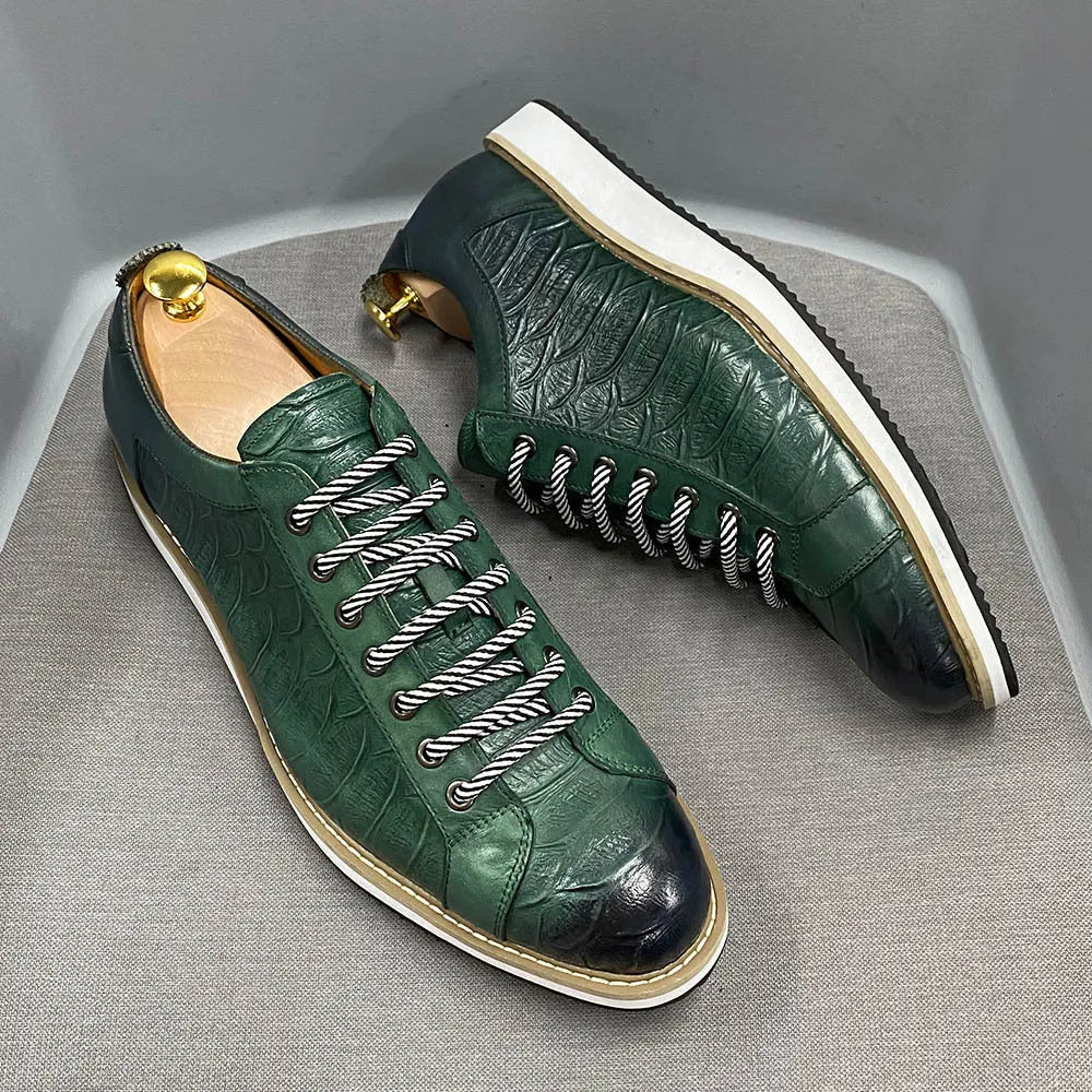 Men's low-top handmade shoes with embossed pattern, front laces, in black, green, white, or grey.