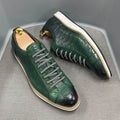 Men's low-top handmade shoes with embossed pattern, front laces, in black, green, white, or grey.