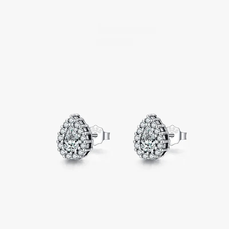 Women's silver water drop ear studs made from 925 sterling silver.