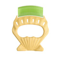 Shell shaped pet grooming brush with wire bristles in green, orange and purple colour options