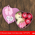 Handmade soap flower gift box in heart-shaped tin box with bear figure, red colour