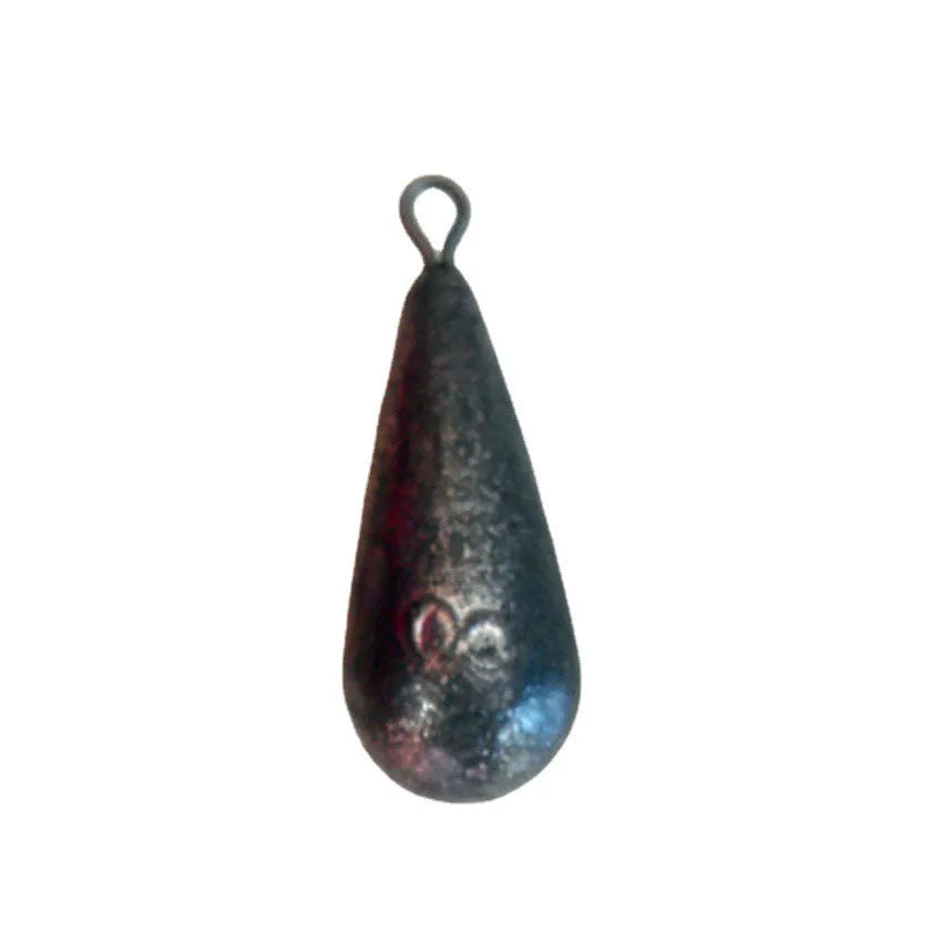 Lead drop shape fishing sinkers in weights 20g, 30g, 40g, 50g and a Tongxin 20g sinker on a blue background.