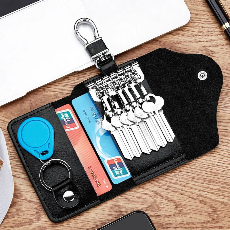 Genuine leather keychain card holder in square vertical design with key mapping internal organisation