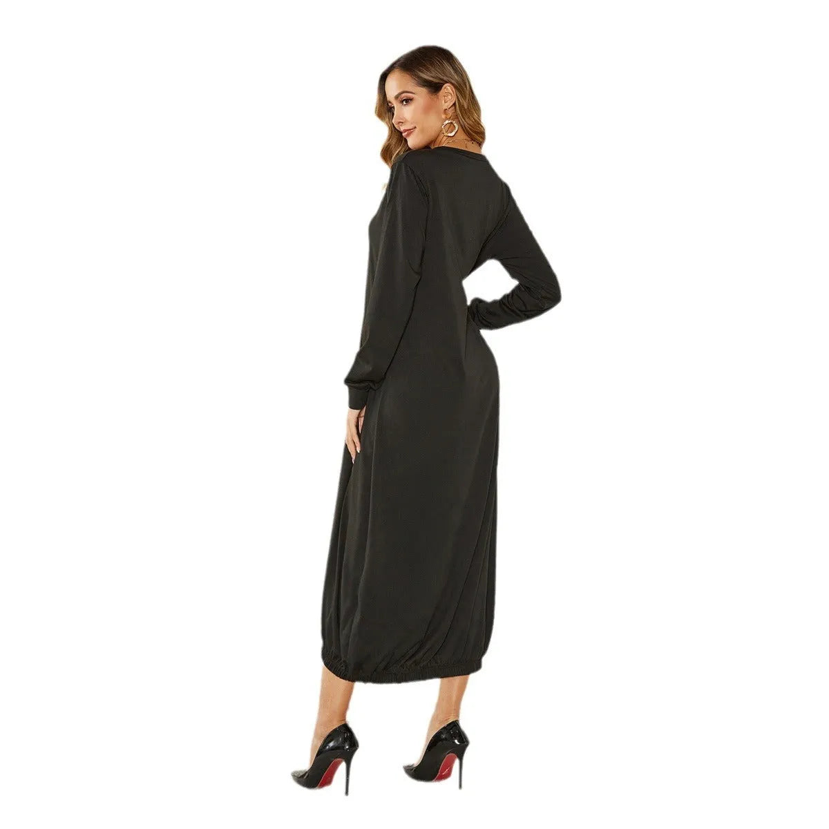 Black lace-up crew neck lantern dress on a hanger, showing loose long fit and threaded detail.