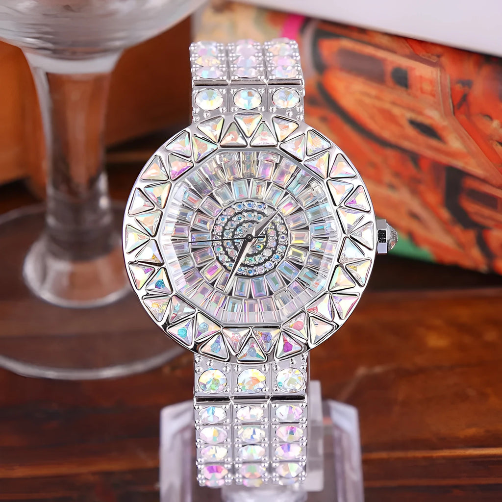 Diamond-studded rhinestone quartz full drill 43mm waterproof fashion watch with sapphire glass and alloy band