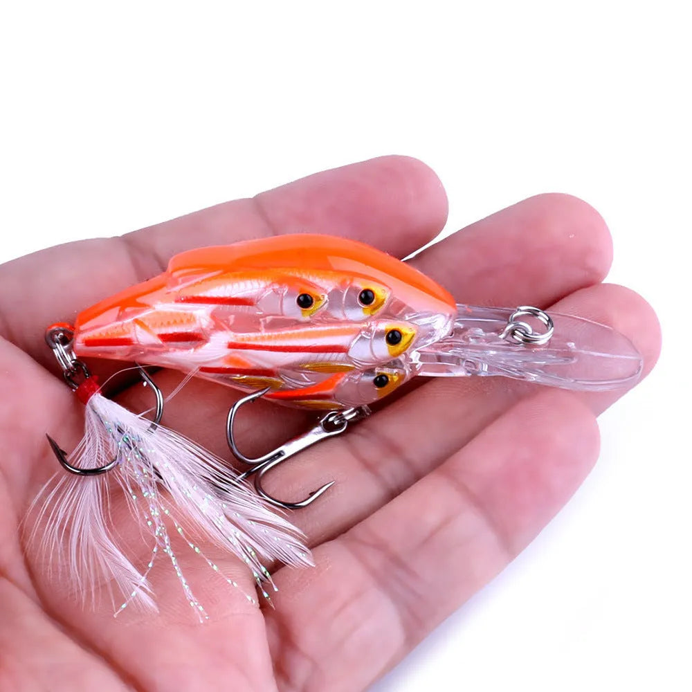 Floating hard bait fish lure with feather hook, 7.5cm length, nine colour variations for sea fishing