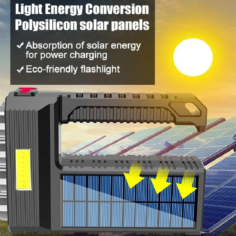 Solar rechargeable USB LED flashlight with 8 heads and side light COB, aluminium alloy body, 225g, four brightness modes
