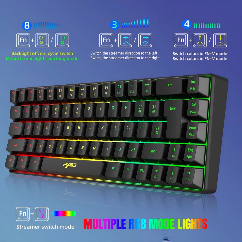 Black V200 membrane gaming keyboard with 68 keys, mechanical feel, wired USB cable