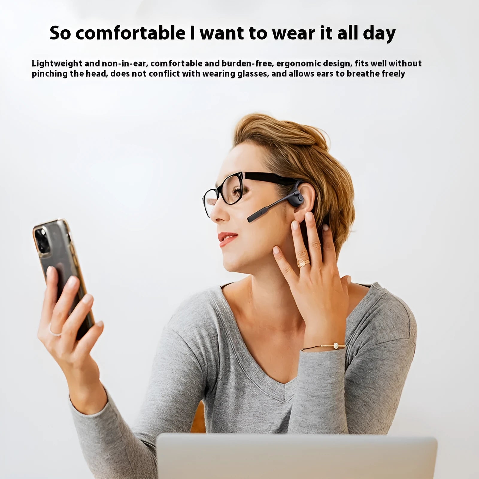 Black bone conduction Bluetooth headset with silicone headband and CVC noise reduction microphone