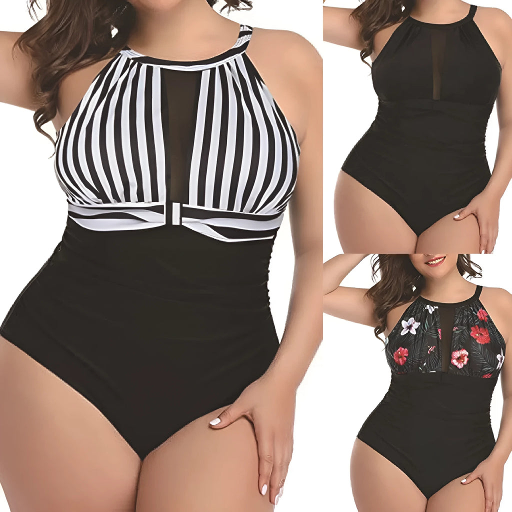 Women's lace-pattern one-piece swimsuit in black, stripes or red flower colours
