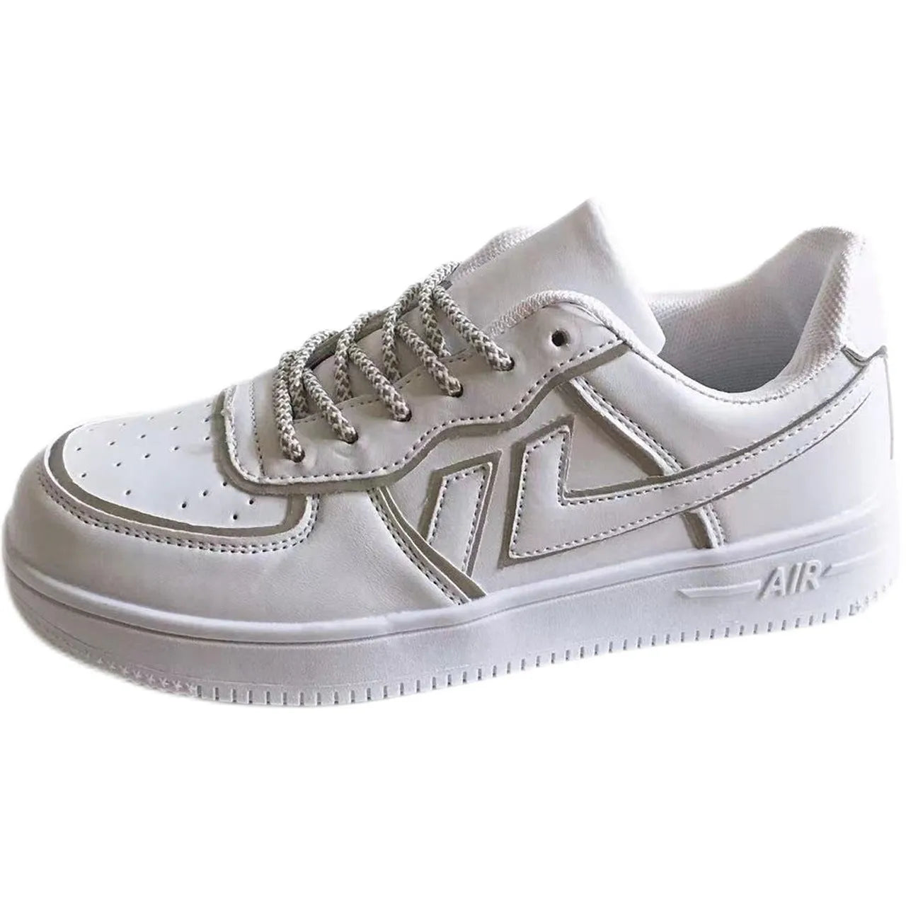 Reflective white sneakers for men women low top lace-up board shoes synthetic leather TPR sole white colour