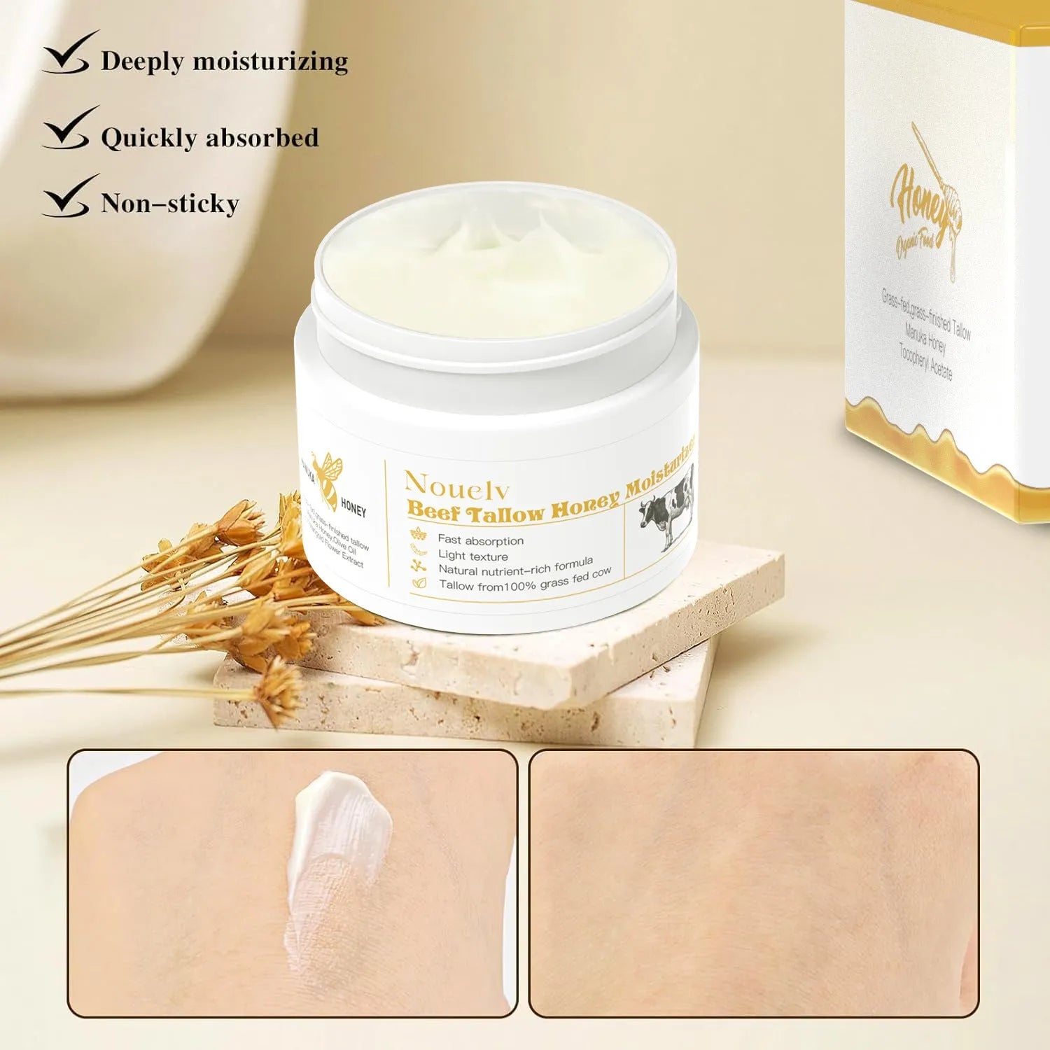 50g container of honey and tallow moisturising cream for dry and combination skin