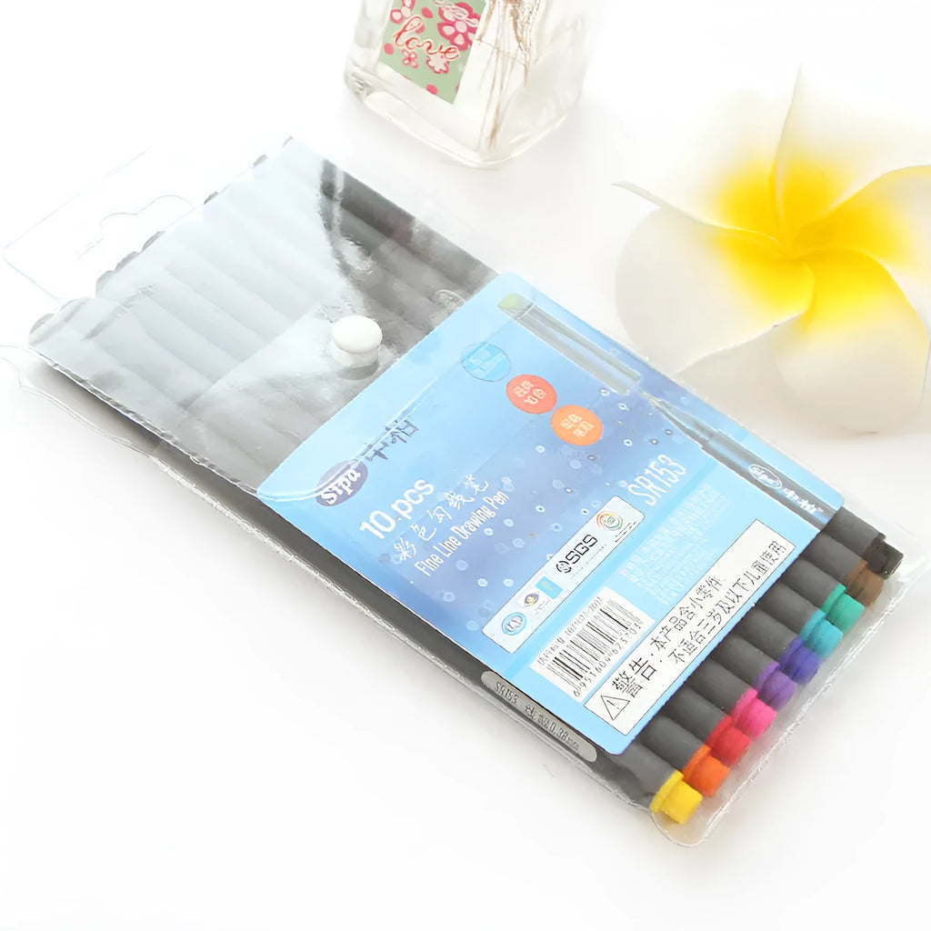 Set of 10 black hook line drawing pens with 0.38mm tips for architecture and design work.