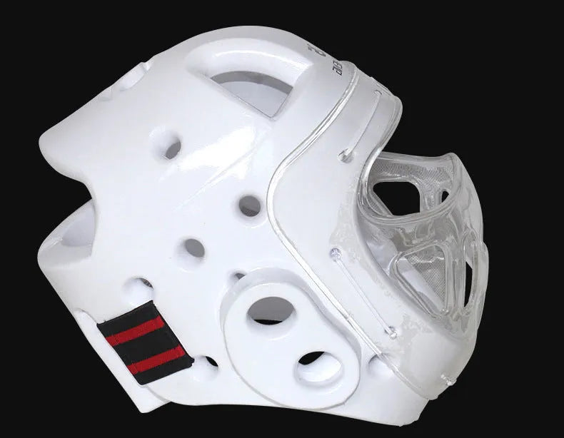 Karate boxing helmet for head protection, shown in white, blue, and red colour options.