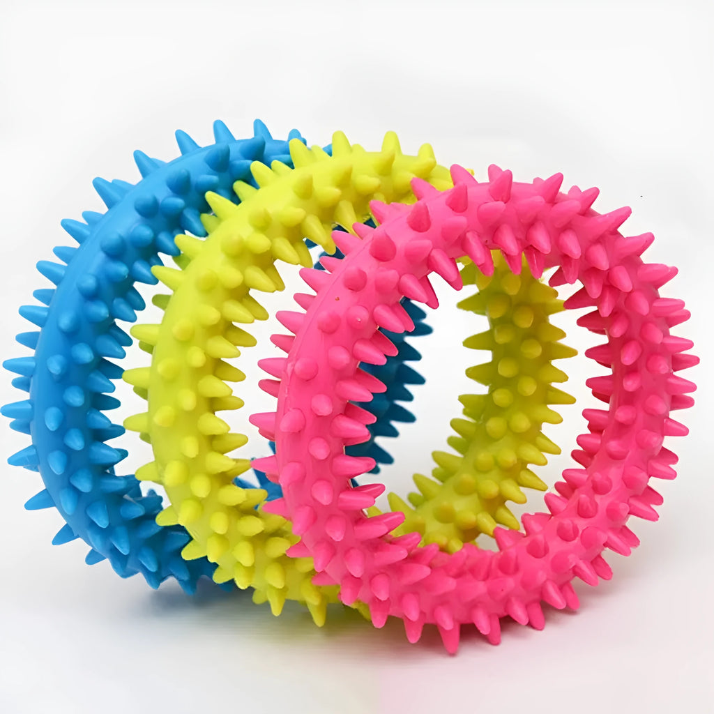 Blue TPR spiky circle ring dog chew toy for dental cleaning and bite-training.