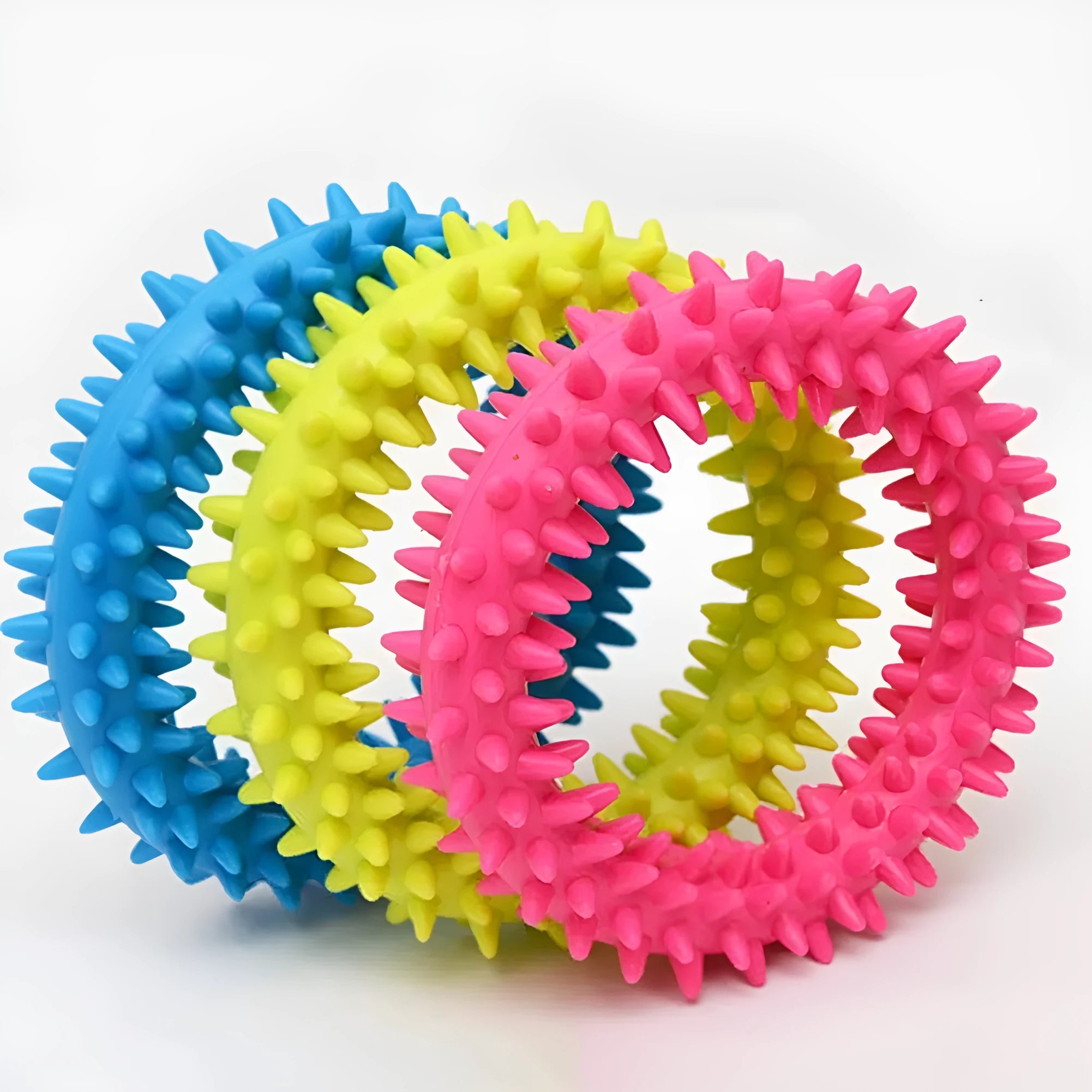 Blue TPR spiky circle ring dog chew toy for dental cleaning and bite-training.