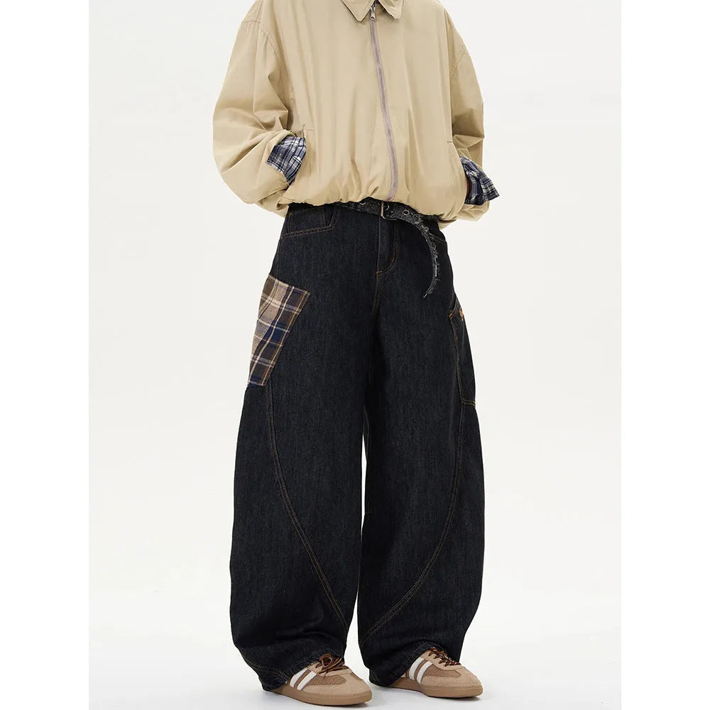 Straight-leg loose casual trousers in red plaid pattern on a mid-waist.
