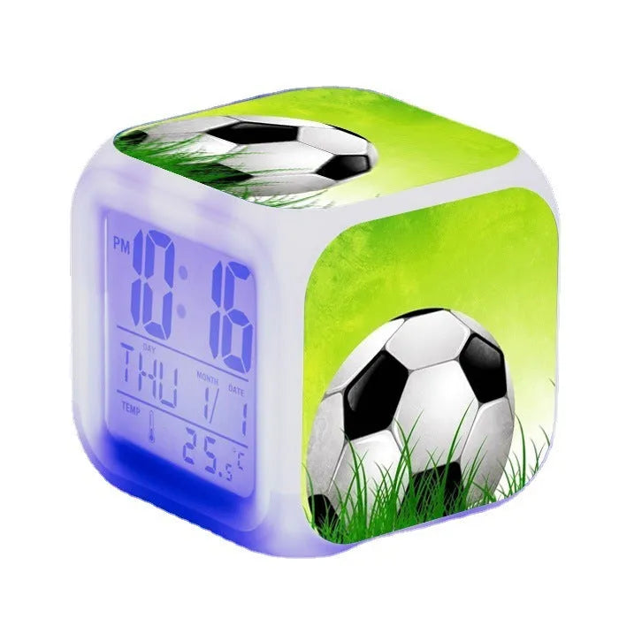 Square plastic alarm clock with football pattern design and silent alarm function for children's bedrooms