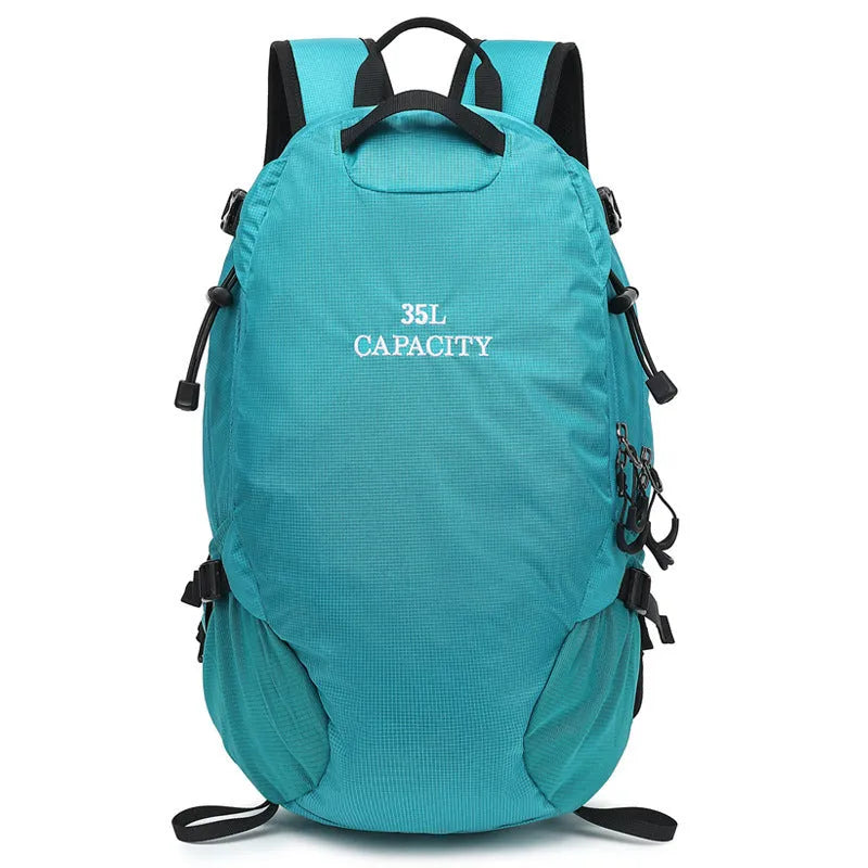 Black waterproof outdoor hiking backpack with physiological curve back plate, shown folded and unfolded.