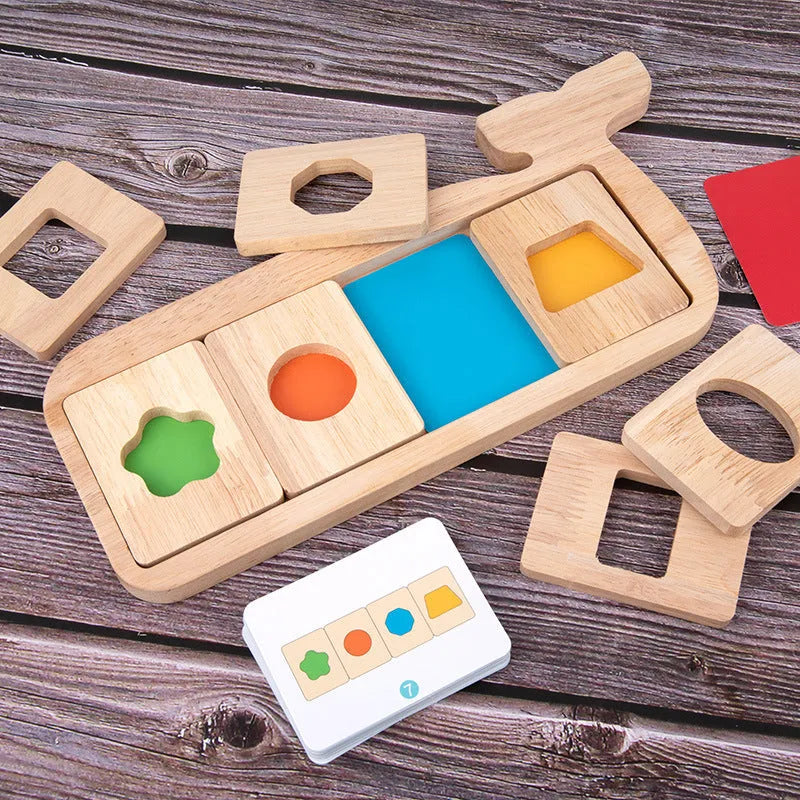 Wooden early education geometry puzzle with colour shape matching, trolley design, on a white background