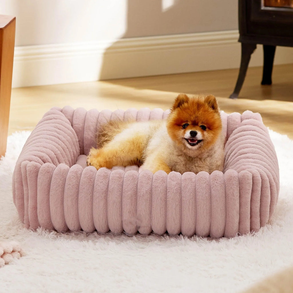 Winter warm dog bed with raised edges and removable cushion cover in beige colour