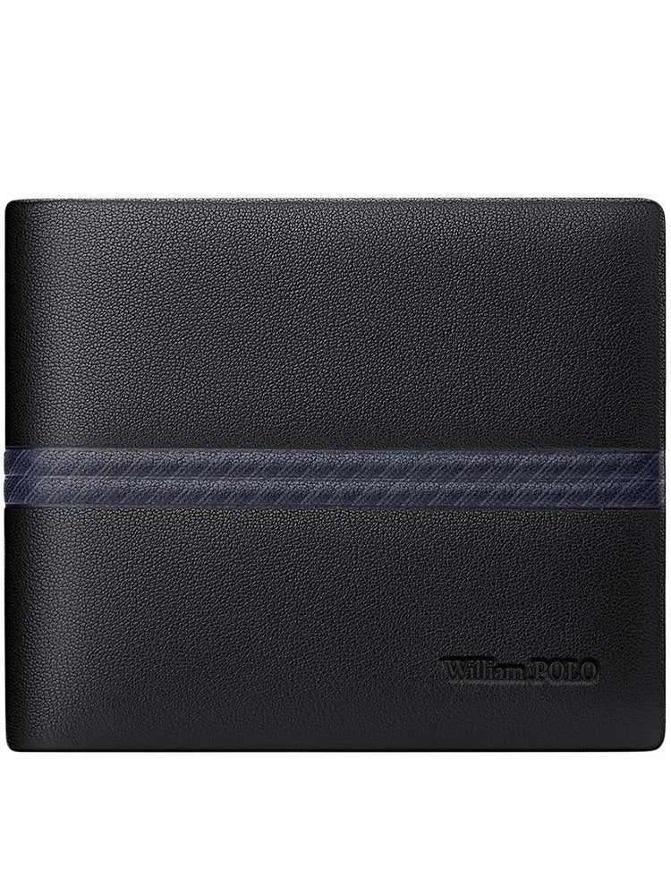 Men's cowhide leather wallet with letter pattern and anti-theft card swiping function in urban style.