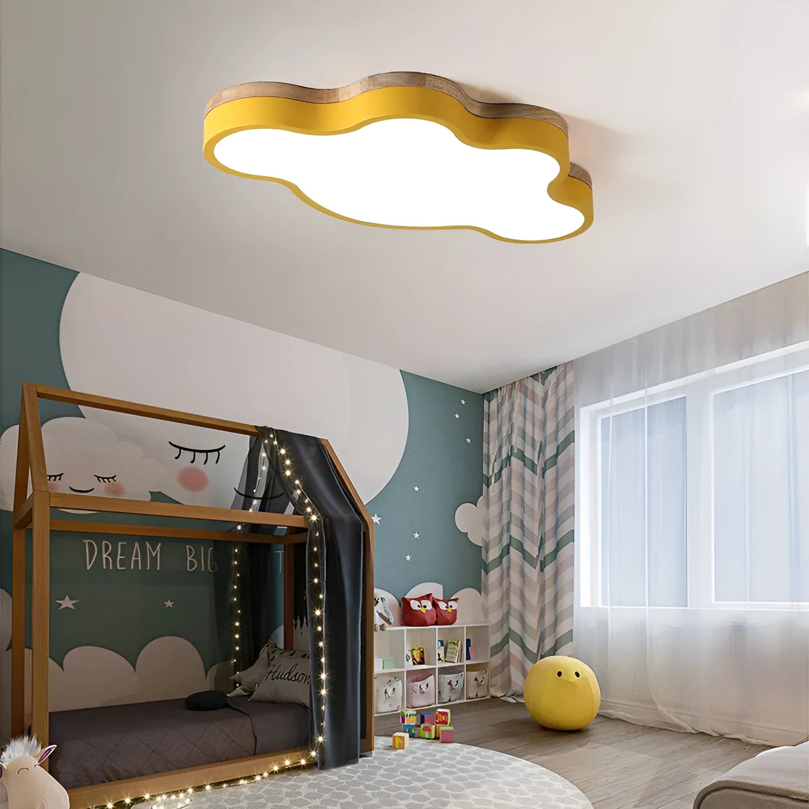 Modern wooden cloud-shaped LED ceiling lamp mounted on a white ceiling.