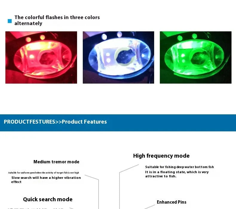 Luminous Metal Vib electronic fishing lure shown in blue body and red body colour options
