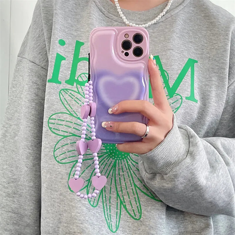 TPU Phone Case with Fog Overlapping Love Design for iPhone 13, 12, 11, X Series Models, Pink Purple Colour Options with Matching Bracelet Choice
