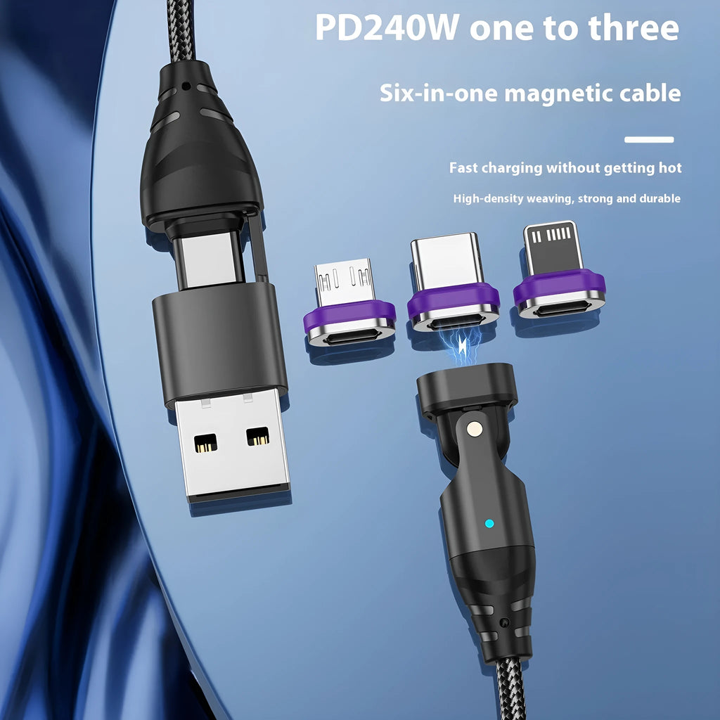 New Six-in-one 240W magnetic data cable with aluminium alloy connectors in black, 1m and 1.8m lengths
