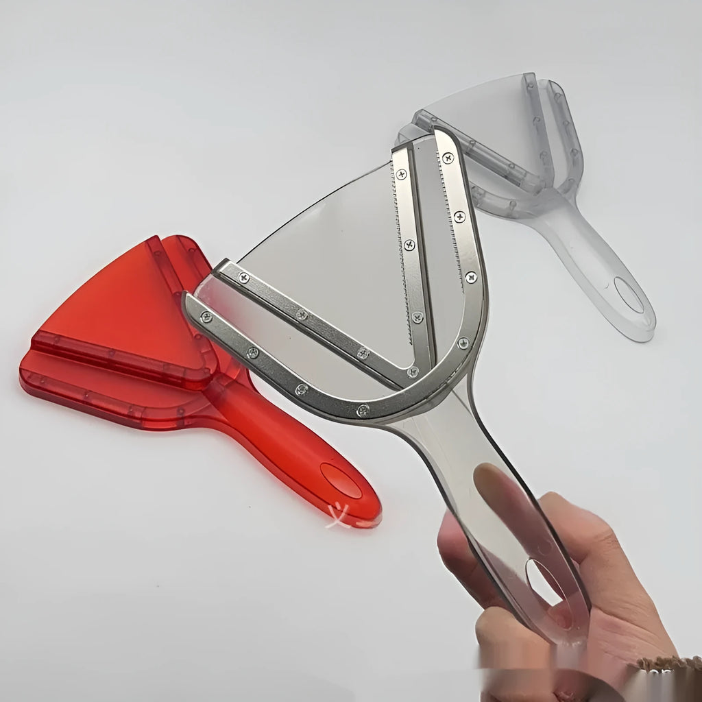 A clear, red, and grey plastic combination can opener and telescopic bottle opener with an adjustable handle on a white background.