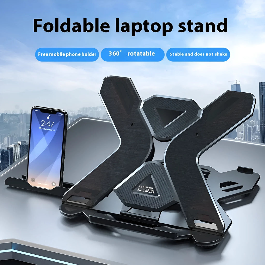 Black ABS plastic laptop bracket elevating laptop above desk surface