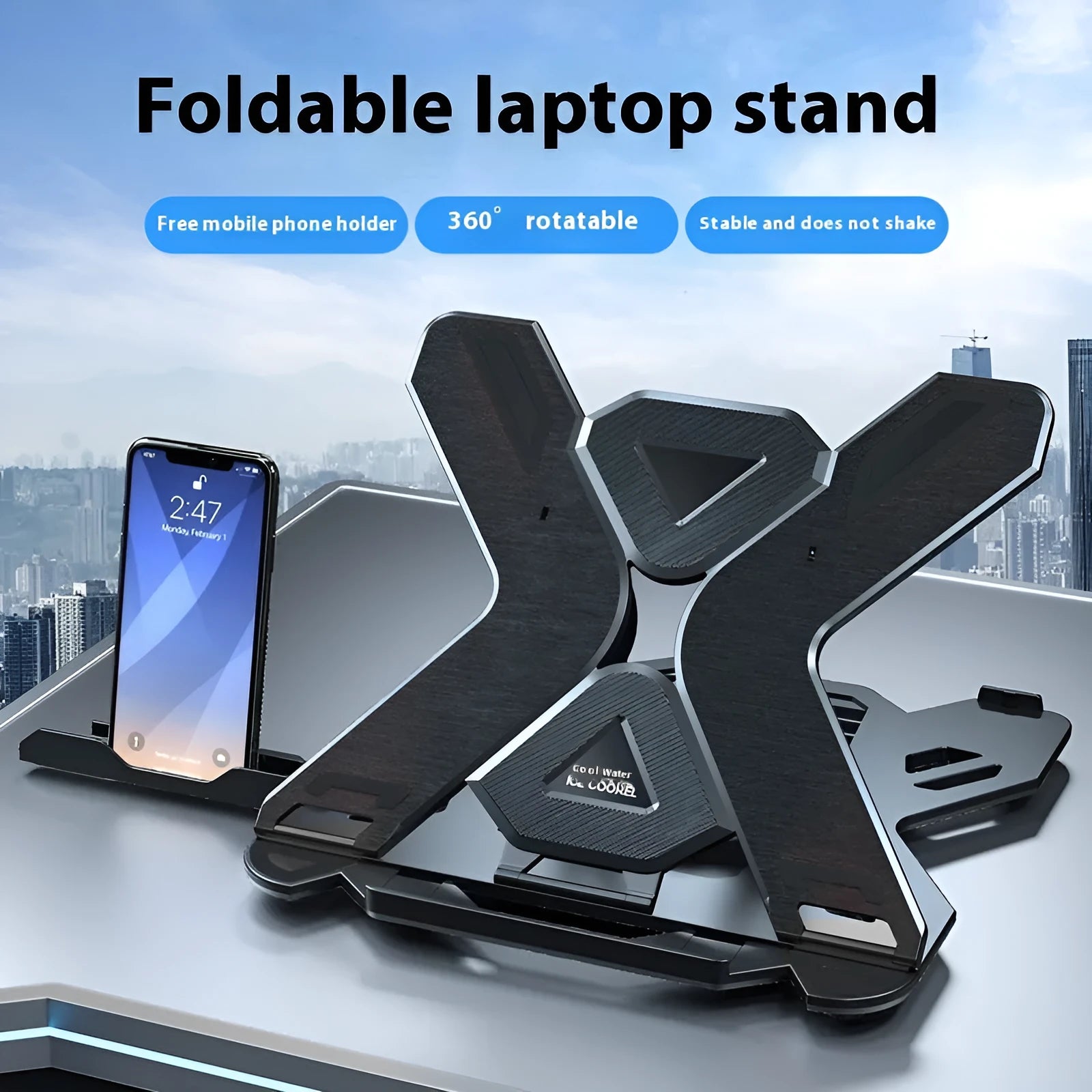 Black ABS plastic laptop bracket elevating laptop above desk surface