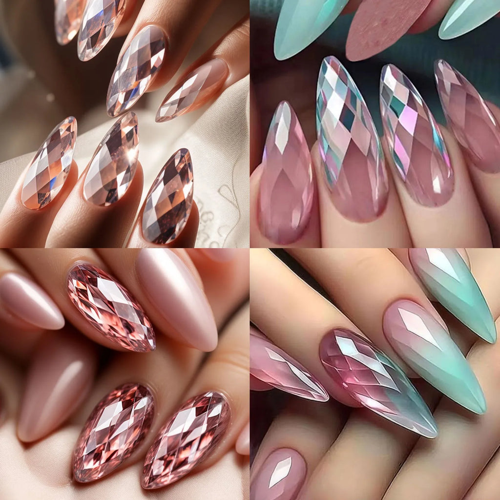 Pack of 3D diamond-patterned long artificial nail tips on a black background.