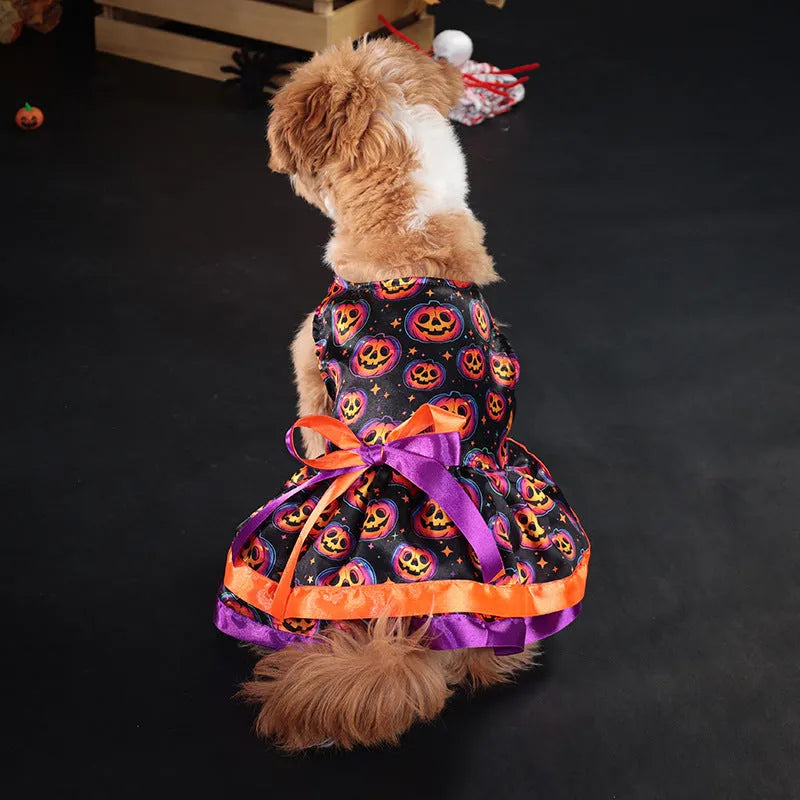 Halloween pet skirt for dogs with double-layer design and colourful pumpkin print.