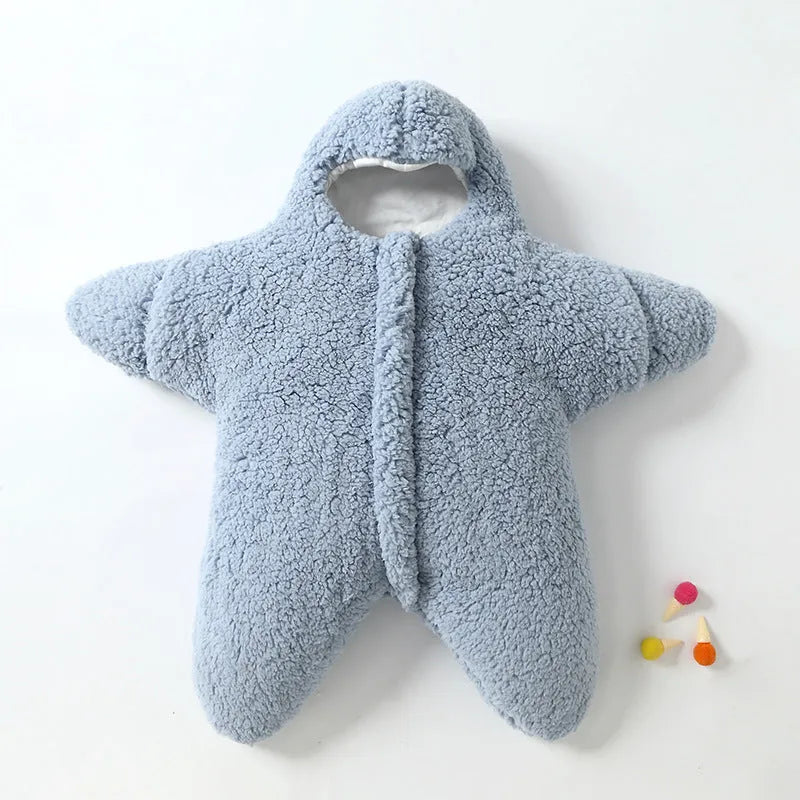 Cashmere and cotton baby sleeping bag with hood in starfish lamb velvet design