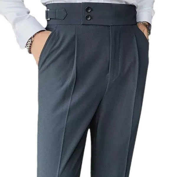 Retro high waist straight leg casual trousers in a cotton blend fabric, shown in a neutral colour.