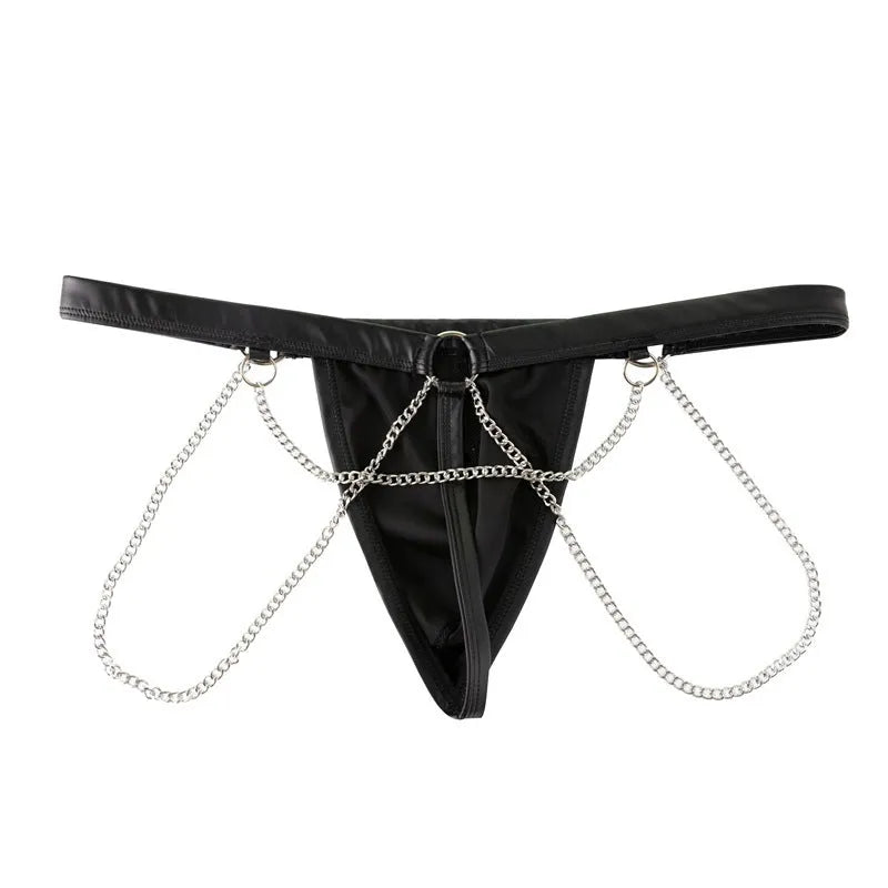 Men's black patent leather thong underwear with chain design detailing