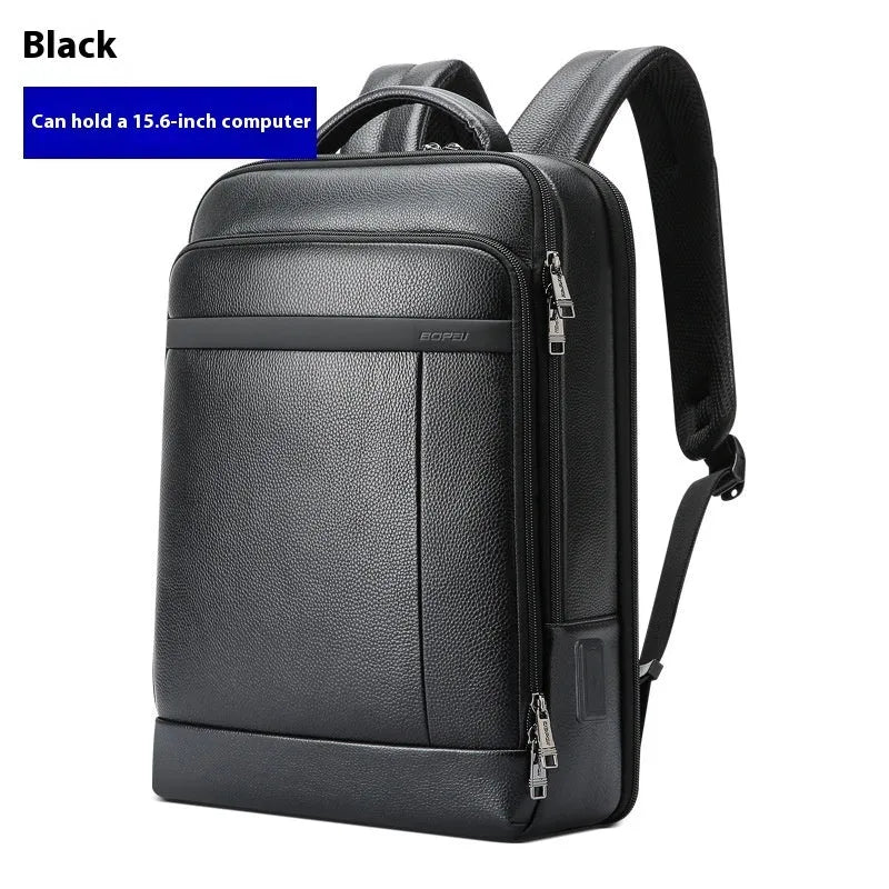 Black genuine leather men's business backpack with USB charging port and curved shoulder strap