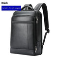 Black genuine leather men's business backpack with USB charging port and curved shoulder strap