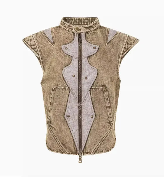Men's Korean-style pleated denim vest in picture colour with cotton fabric construction