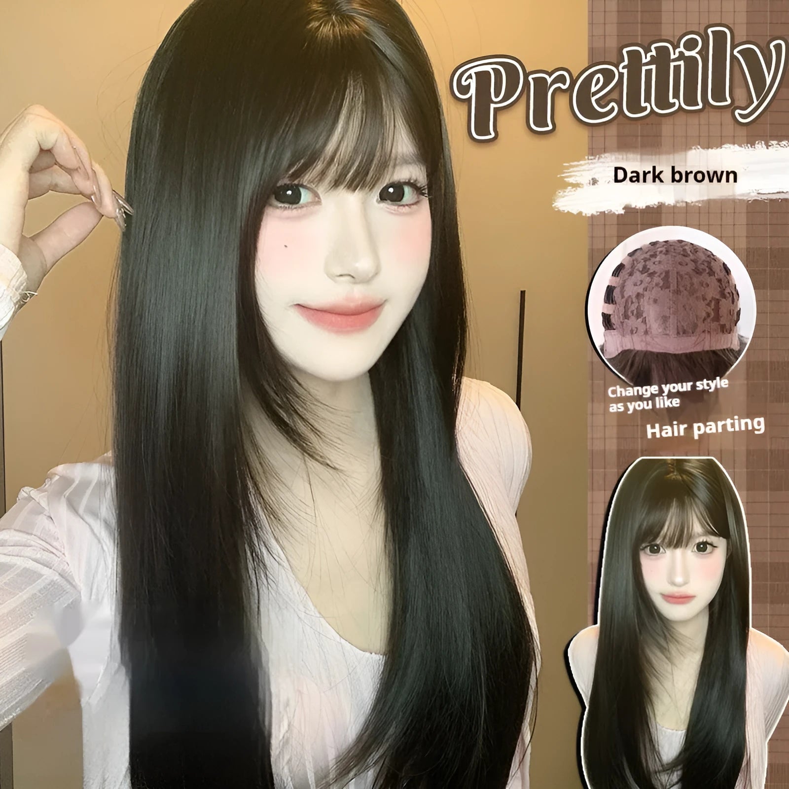 Dark brown long straight synthetic wig with bangs on a wig stand