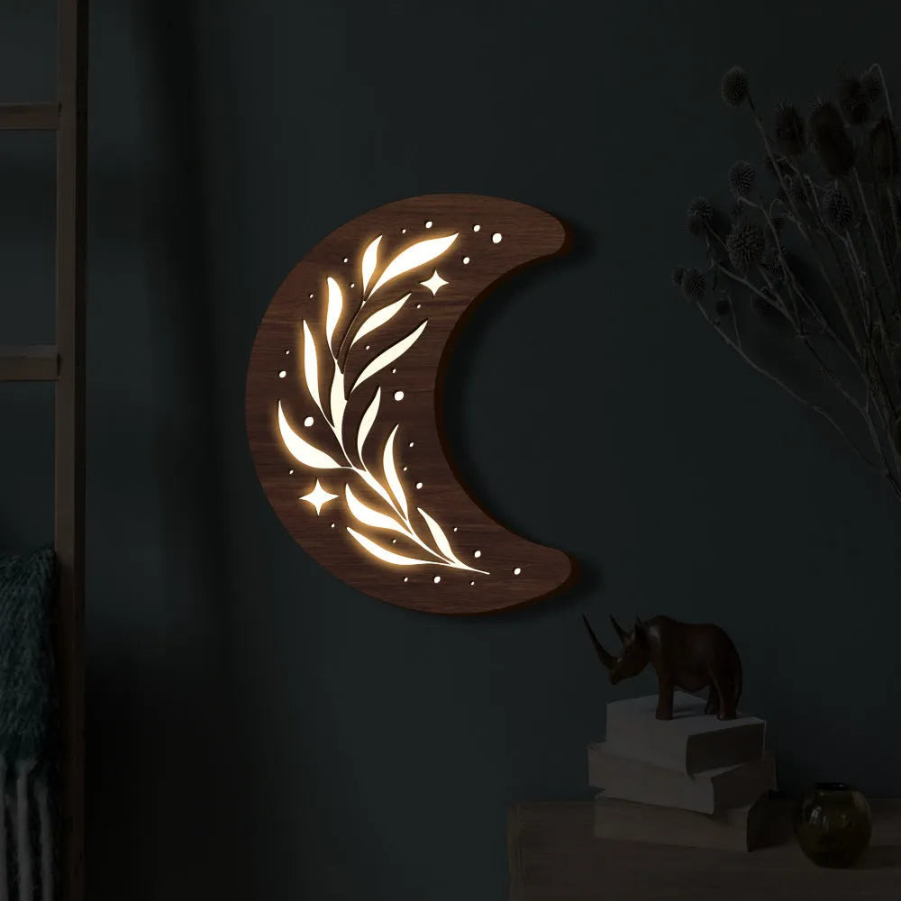 Wooden leaf crescent moon pendant lamp with LED lights and natural wood finish