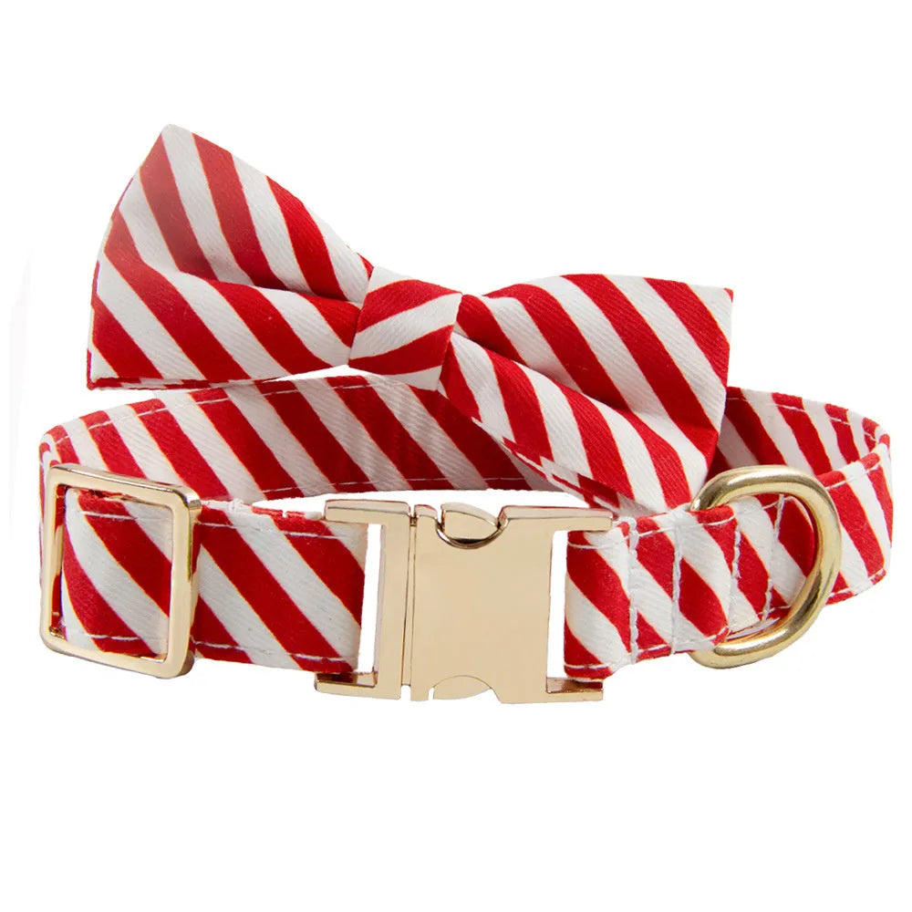 Striped green dog collar with a red bow, showing engraving space and adjustable buckle.
