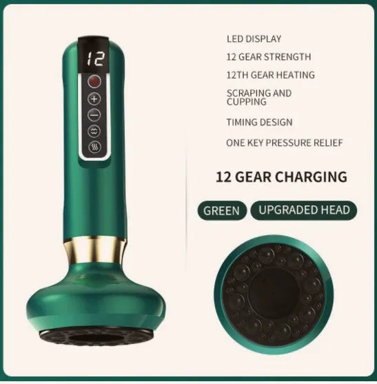 Green electric vacuum cupping massager with USB charger on a white background.