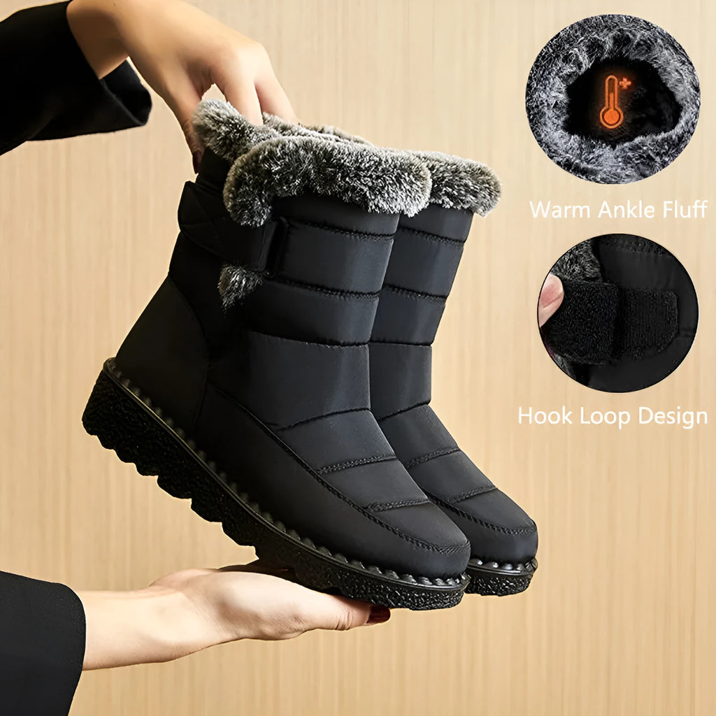 Winter snow boots waterproof Velcro platform boots with imitation rabbit fur lining, grey, side view