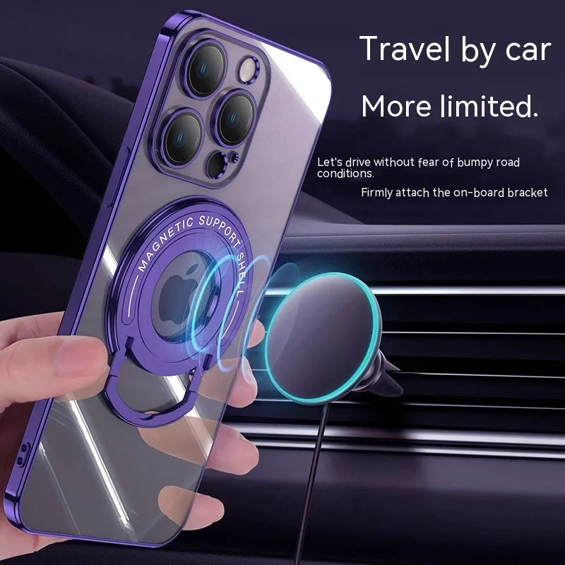 Transparent magnetic iPhone case with invisible pull-out stand in dark purple colour